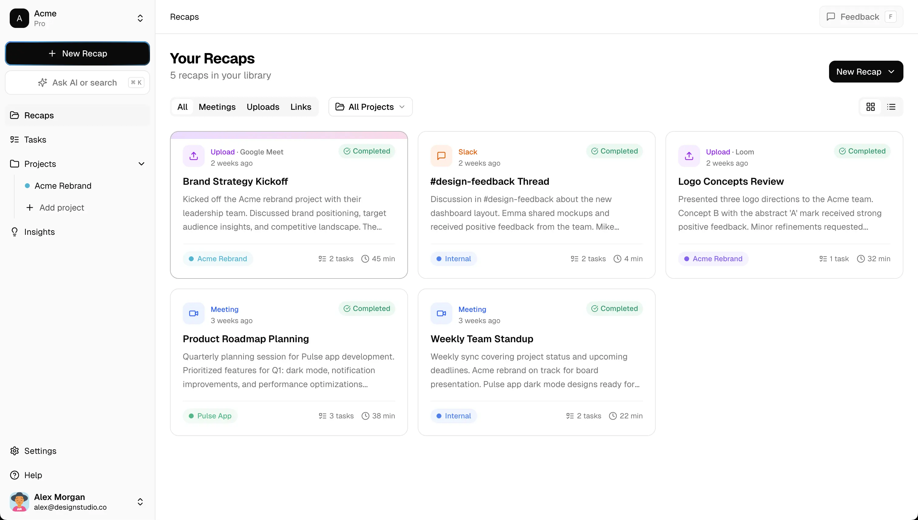 Recal Dashboard - AI-powered meeting recaps and task management