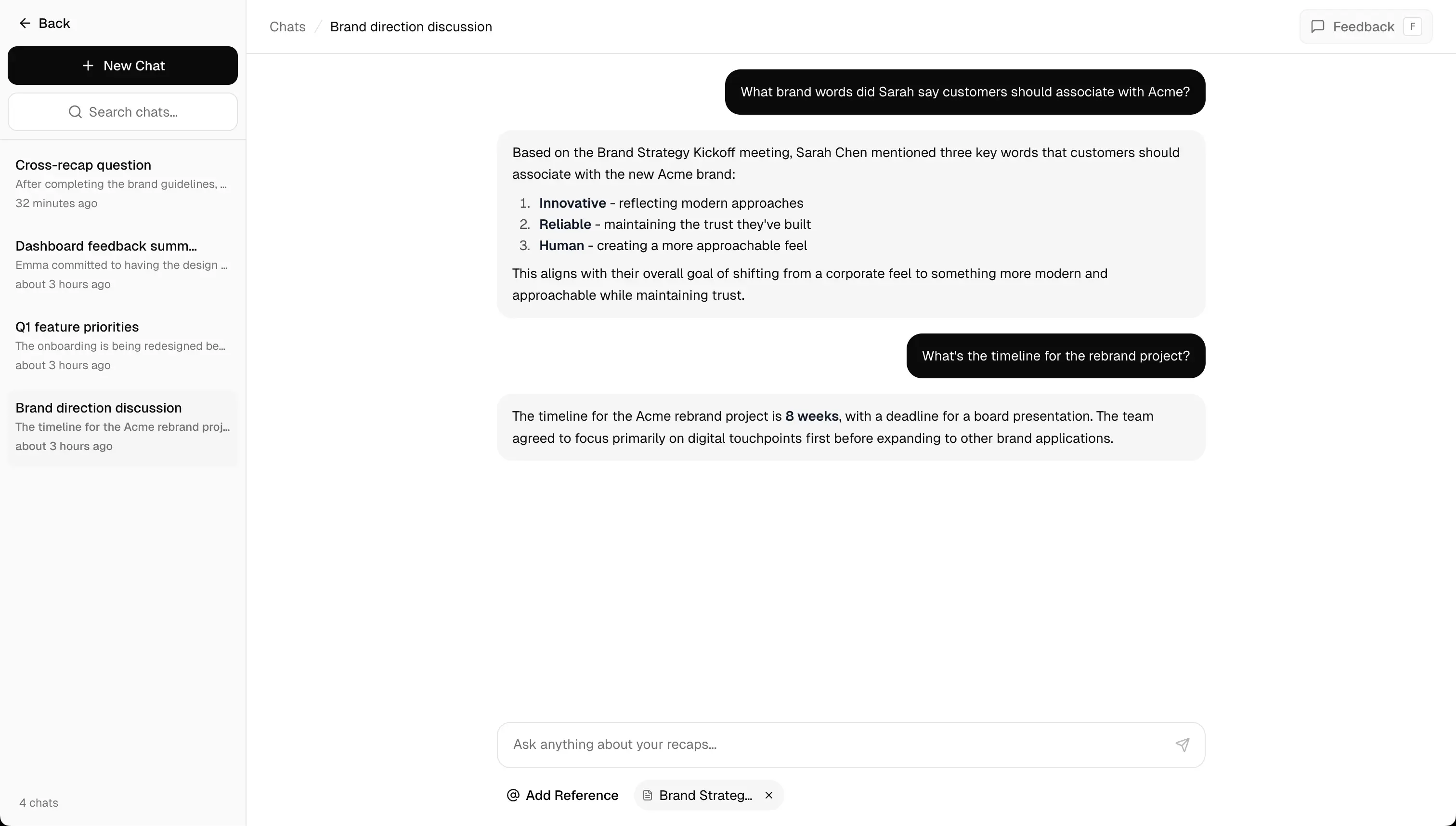 Screenshot showing the chat interface for asking questions about meeting recordings with AI-powered responses