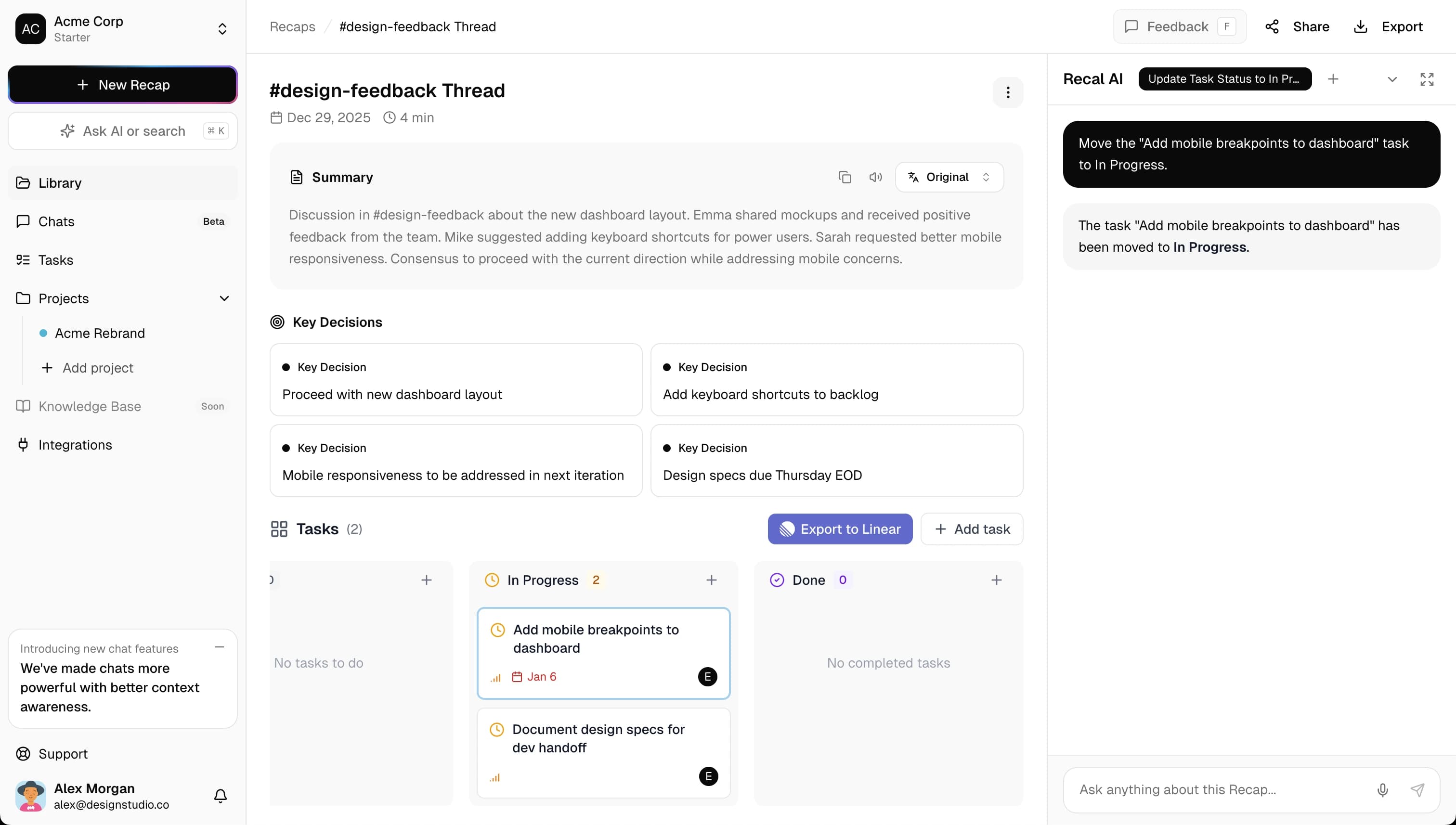Screenshot showing the chat interface for creating and managing tasks with AI
