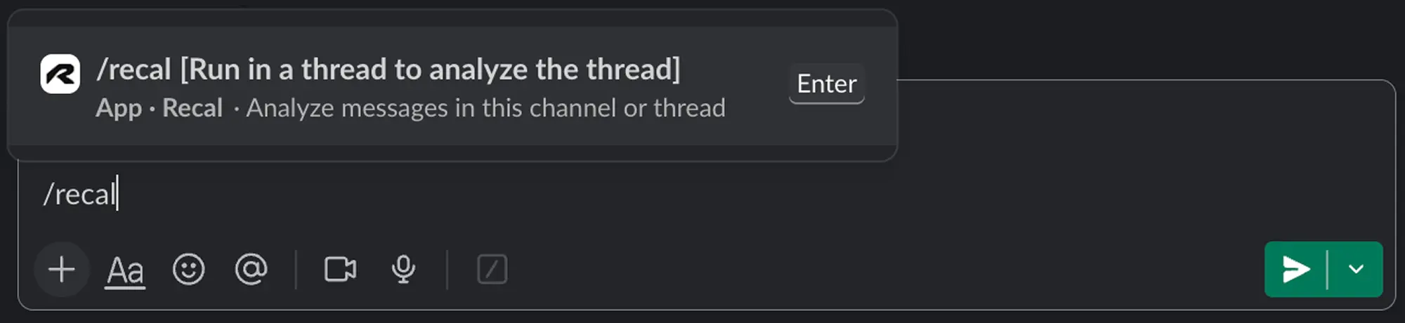 Running the /recal command in a Slack channel