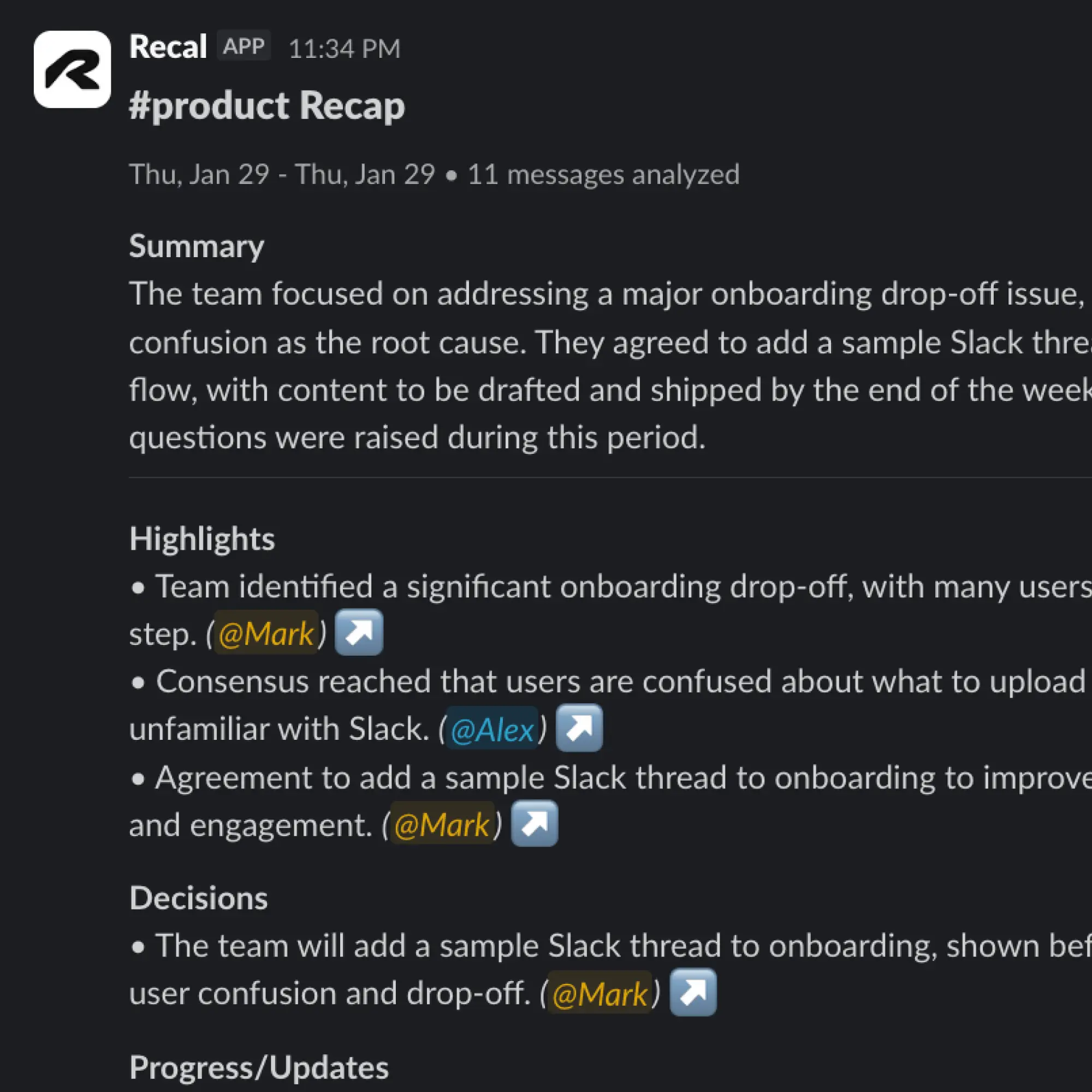 Full AI recap with summary, decisions, and action items in Slack