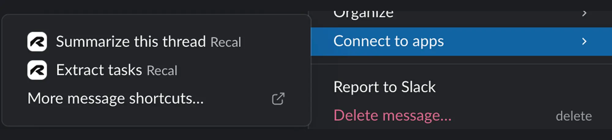 Slack message shortcuts showing Summarize and Extract tasks options
