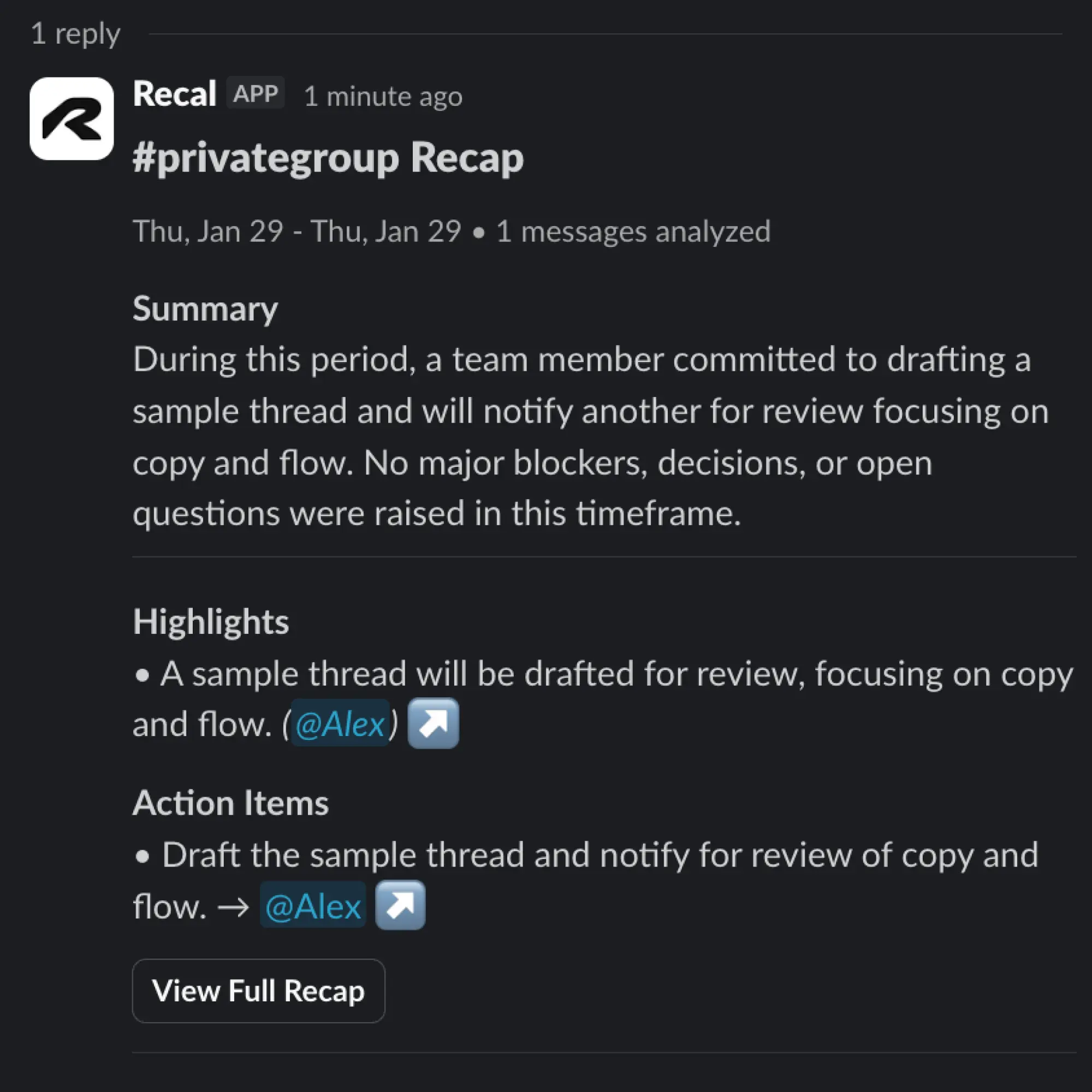 Thread analysis with Recal's AI response in Slack